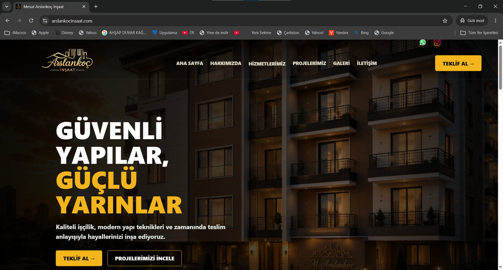 Arslankoç İnşaat web sitesi